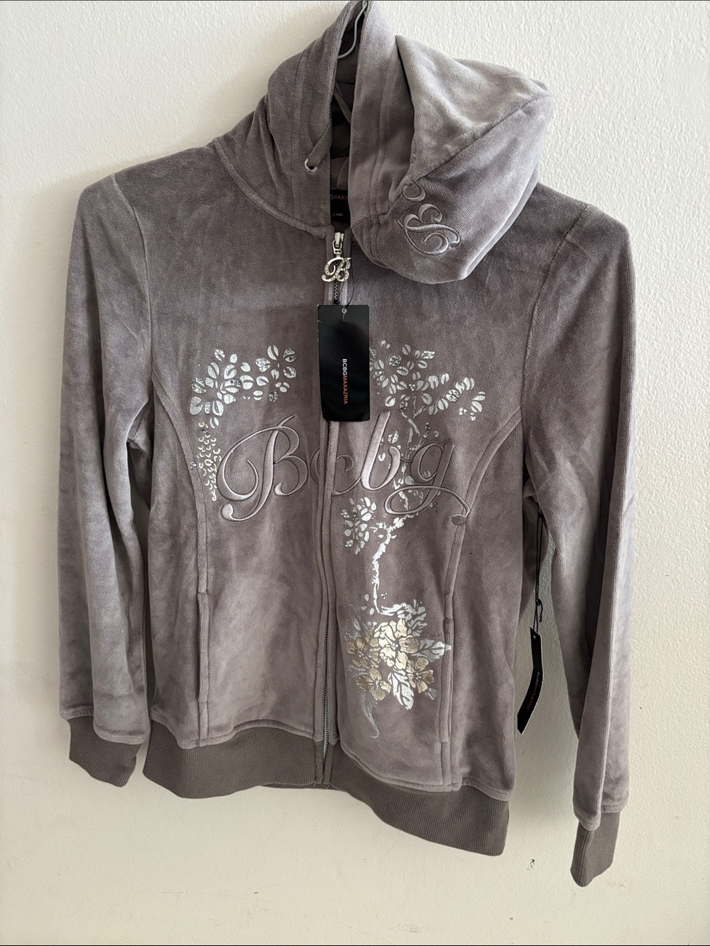 BCBG Cinder Gray Velour Zip Hoodie with Rhinestone B Charm